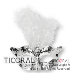 MASCARA ANTIFAZ VENECIANA GIBREADA LISA CON PLUMA BLANCO HS4123-2 x 1