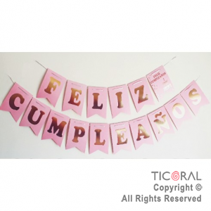BANDERIN FELIZ CUMPLE COLOR ROSA PASTEL CON STAMPING x 1