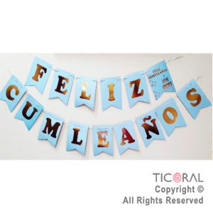 BANDERIN FELIZ CUMPLE COLOR CELESTE PASTEL CON STAMPING x 1
