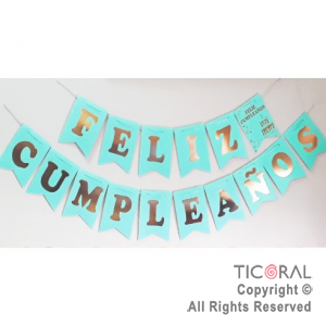 BANDERIN FELIZ CUMPLE COLOR VERDE AGUA CON STAMPING x 1