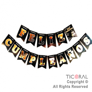 BANDERIN FELIZ CUMPLE COLOR NEGRO CON STAMPING  x 1