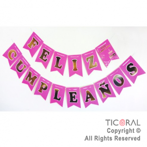 BANDERIN FELIZ CUMPLE COLOR FUCSIA FLUO CON STAMPING x 1