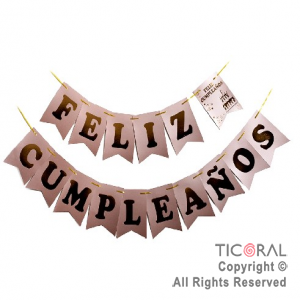 BANDERIN FELIZ CUMPLE COLOR ROSA GOLD CON STAMPING x 1