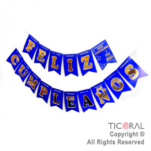 BANDERIN FELIZ CUMPLE COLOR AZUL CON STAMPING x 1