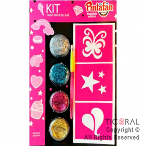 KIT PARA MAQUILLAJE GLITTER EN GEL 4 COLORES + PINCEL + STENCIL AUTOADHESIVO 651-01 x 1 | Ticoral Express | Cotillón y Repostería. Venta al público. KIT PARA MAQUILLAJE GLITTER EN GEL 4 COLORES + PINCEL + STENCIL AUTOADHESIVO 651-01 x 1 | Ticoral Express | Cotillón y Repostería. Venta al público.