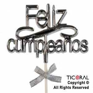 CAKE TOPPER FELIZ CUMPLEAOS COLOR PLATA CON PINCHE X 1