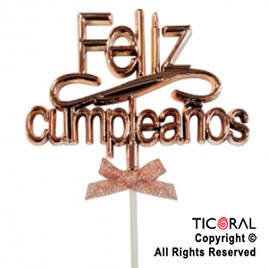 CAKE TOPPER FELIZ CUMPLEAÑOS COLOR ROSA GOLD CON PINCHE X 1