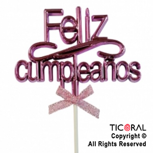 CAKE TOPPER FELIZ CUMPLEAÑOS COLOR ROSA CON PINCHE X 1