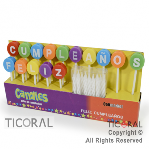VELA SET FRASE FELIZ CUMPLEA�OS MULTICOLOR PORTAVELA CON VELA BLANCAS HS8078 X 1