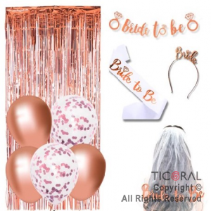 SET BRIDE TO BE VINCHA BANDA VELO GUIRNALDA CORTINA GLOBOS ROSA GOLD  X 1