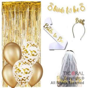 SET BRIDE TO BE VINCHA BANDA VELO GUIRNALDA CORTINA GLOBOS ORO  X 1