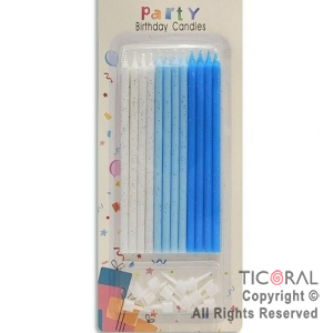 VELA 12 CM COMBINADA CON PORTAVELAS BLANCA CELESTE Y AZUL BRILLO X 12