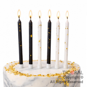 VELA FINA 12 CM DISE�O MARMOL NEGRO Y BLANCO CON PORTAVELA x 6 UNIDADES