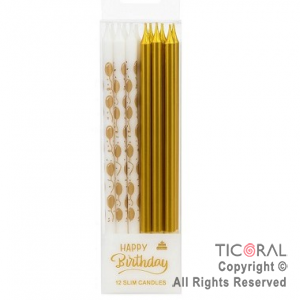VELA 12 CM ORO Y BLANCO ESTAMPADO CON PORTAVELA x 12 UNIDADES