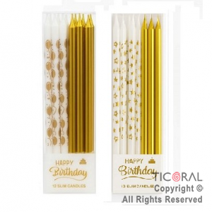 VELA 12 CM ORO Y BLANCO ESTAMPADO CON PORTAVELA x 12 UNIDADES