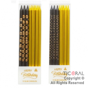 VELA 12 CM ORO Y NEGRO ESTAMPADO CON PORTAVELA x 12 UNIDADES