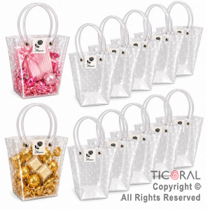 BOLSITAS PVC TRANSPARENTE CON LUNARES BLANCOS Y MANIJAS 16X16X8 CM (PACK X 12 UNIDADES)