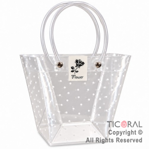 BOLSITAS PVC TRANSPARENTE CON LUNARES BLANCOS Y MANIJAS 16X16X8 CM (PACK X 12 UNIDADES)