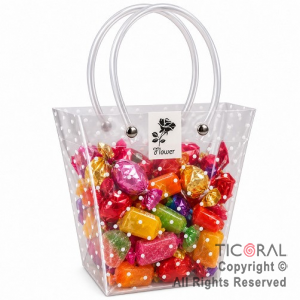 BOLSITAS PVC TRANSPARENTE CON LUNARES BLANCOS Y MANIJAS 16X16X8 CM (PACK X 12 UNIDADES)