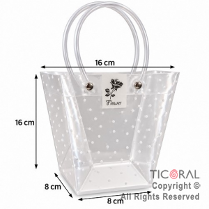BOLSITAS PVC TRANSPARENTE CON LUNARES BLANCOS Y MANIJAS 16X16X8 CM (PACK X 12 UNIDADES)