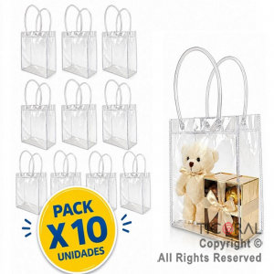 BOLSITAS PVC TRANSPARENTE CON MANIJAS Y BROCHE 15X13X7 CM (PACK X 10 UNIDADES)