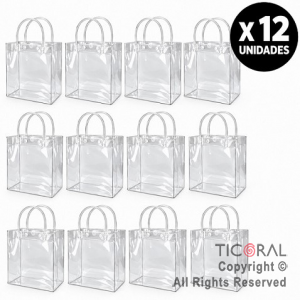 BOLSITAS PVC TRANSPARENTE CON MANIJAS Y BROCHE 15X15X8 CM (PACK X 12 UNIDADES)