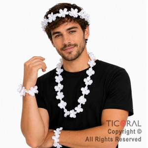 SET HAWAIANO FLORES BLANCAS VINCHA COLLAR Y 2 PULSERAS