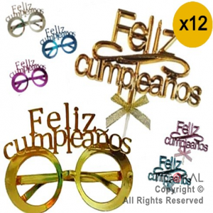 SET CAKE TOPPER Y ANTEOJO FELIZ CUMPLEAOS COLORES SURTIDOS X 12