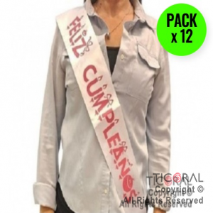 BANDA FELIZ CUMPLEA�OS BLANCO Y ROSA x 12 UNIDADES