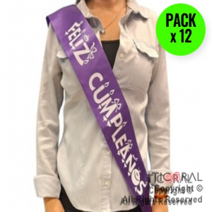 BANDA FELIZ CUMPLEAOS VIOLETA Y BLANCO x 12 UNIDADES