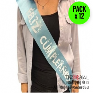 BANDA FELIZ CUMPLEAOS CELESTE Y BLANCO x 12 UNIDADES