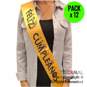 BANDA FELIZ CUMPLEA�OS AMARILLO Y NEGRO x 12 UNIDADES