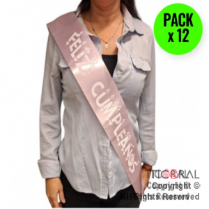 BANDA FELIZ CUMPLEAOS ROSA Y BLANCO x 12 UNIDADES