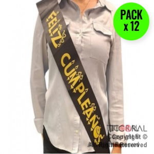 BANDA FELIZ CUMPLEA�OS NEGRO Y ORO x 12 UNIDADES