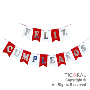 BANDERIN FELIZ CUMPLEA�OS COLOR ROJO Y BLANCO CON STAMPING x 1
