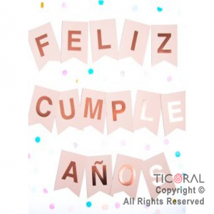 BANDERIN FELIZ CUMPLEA�OS COLOR ROSA CON STAMPING ROSA GOLD x 1