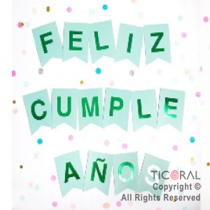 BANDERIN FELIZ CUMPLEA�OS COLOR AGUAMARINA CON STAMPING VERDE x 1