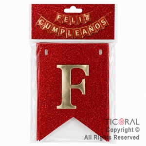BANDERIN FELIZ CUMPLE LUJO DX ROJO CON GLITTER CON STAMPING x 1