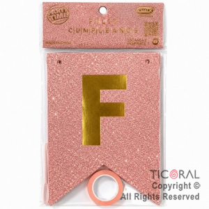 BANDERIN FELIZ CUMPLE LUJO DX ROSA GOLD CON GLITTER CON STAMPING x 1