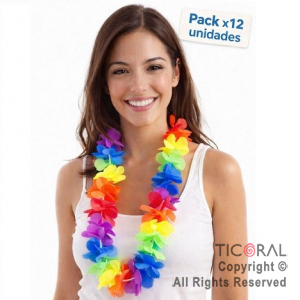 COLLAR HAWAIANO FLORES TELA MULTICOLOR FLUO x 12
