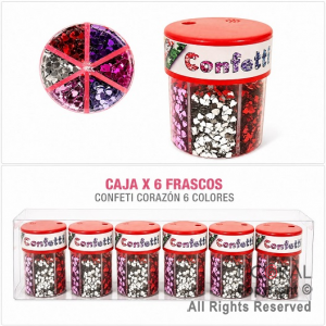 CONFETI CORAZON 6 COLORES EN FRASCO DOSIFICADOR 60 GR (CAJA X 6 UNIDADES) HS8251-3