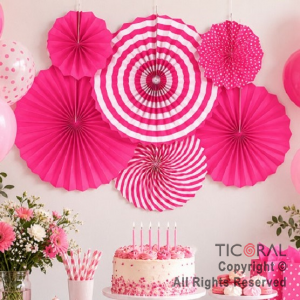 ADORNO GUIRNALDA ABANICO ROSETAS CARTULINA DISE�O ROSA KIT X 6 UNIDADES