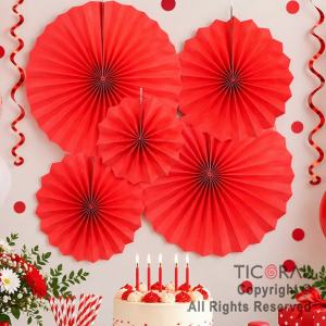 ADORNO GUIRNALDA ABANICO ROSETAS CARTULINA DISE�O ROJO PLENO KIT X 6 UNIDADES