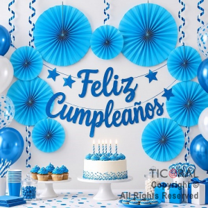 ADORNO GUIRNALDA ABANICO ROSETAS CARTULINA DISE�O CELESTE PLENO KIT X 6 UNIDADES
