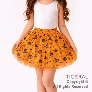 POLLERA TUTU INFANTIL BRUJA NARANJA Y NEGRO HALLOWEEN DE 30 CM DE LARGO