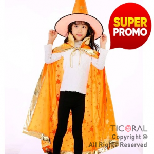 SET DE BRUJA Y MAGO SOMBRERO Y CAPA NARANJA CON ORO X 1