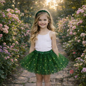POLLERA TUTU INFANTIL CON BRILLOS VERDE DE 30 CM DE LARGO