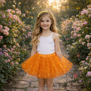 POLLERA TUTU INFANTIL CON BRILLOS NARANJA DE 30 CM DE LARGO