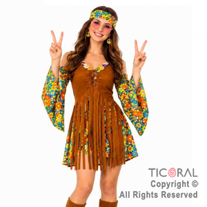 DISFRAZ HIPPIE MUJER VINCHA VESTIDO Y CHALECO MARRON ADULTO TALLE M (PS)