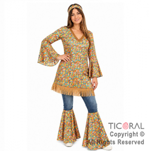 DISFRAZ HIPPIE MUJER VESTIDO Y POLAINAS ADULTO TALLE UNICO
